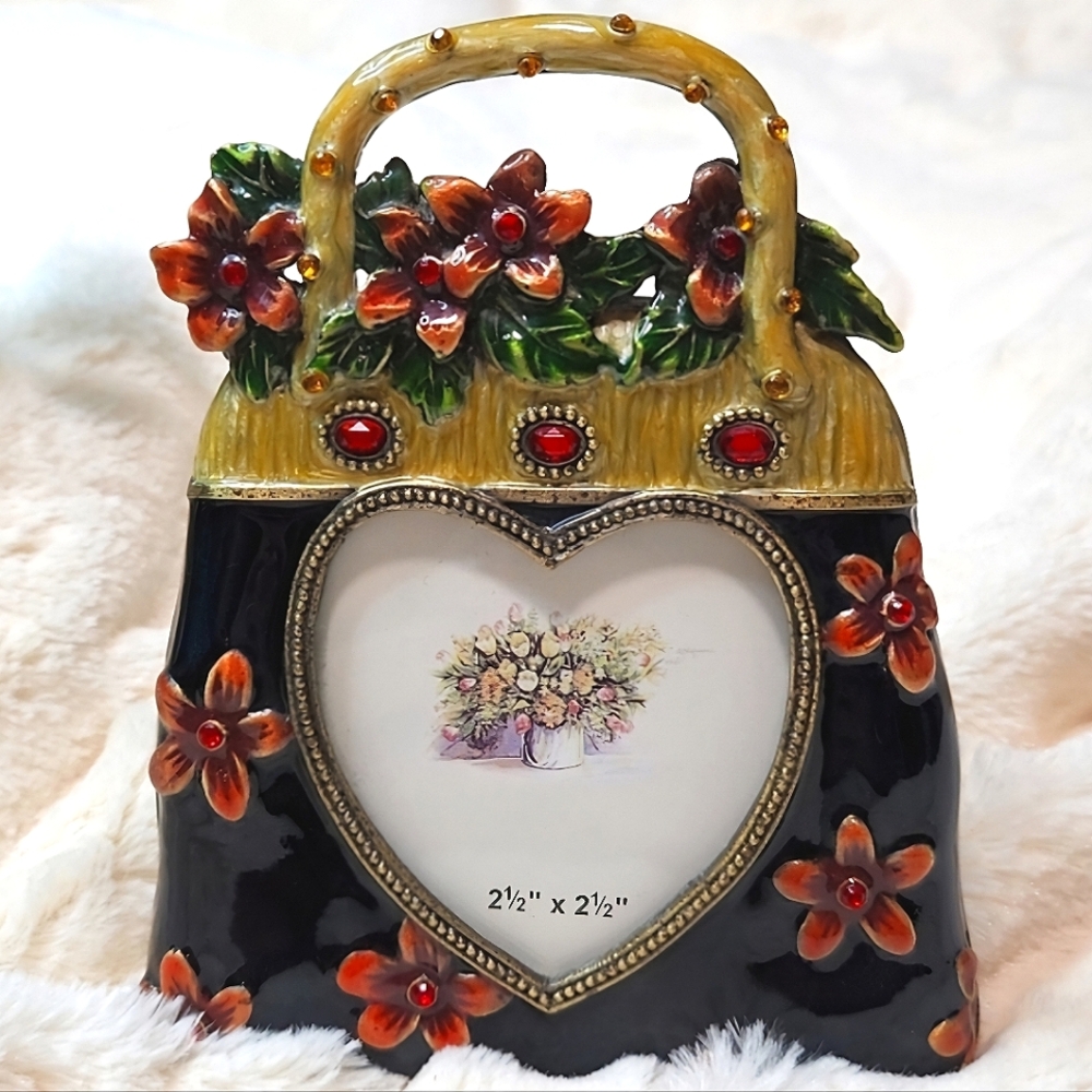 Vintage Metal, Enamel, & Rhinestone Purse Shaped 2.5" x 2.5" Photo Frame